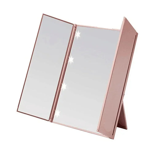 Miroir de maquillage portable à trois côtés à LED avec conception pliable